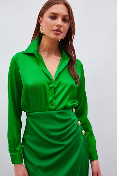 Sateen Shirt Collar Satin Bodysuit Blouse - Dark Green