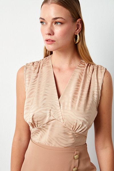 Sateen CAMEL Satin Double Breasted Blouse Patterned