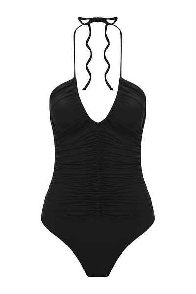 AQUELLA Halter Neck Gathered Black Swimsuit