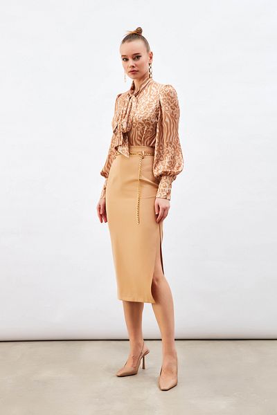 Sateen Camel Chain Belted Pencil Skirt