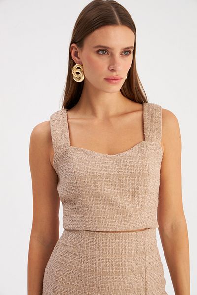 Sateen Beige Tweed Crop Blouse - Strappy