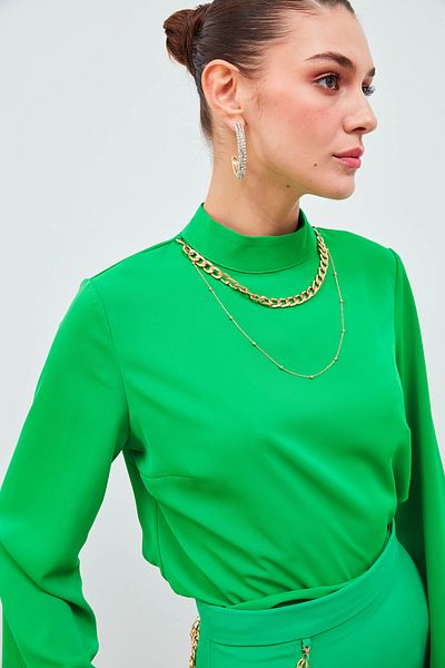 Sateen Spanish Sleeve Blouse with Necklace - Green