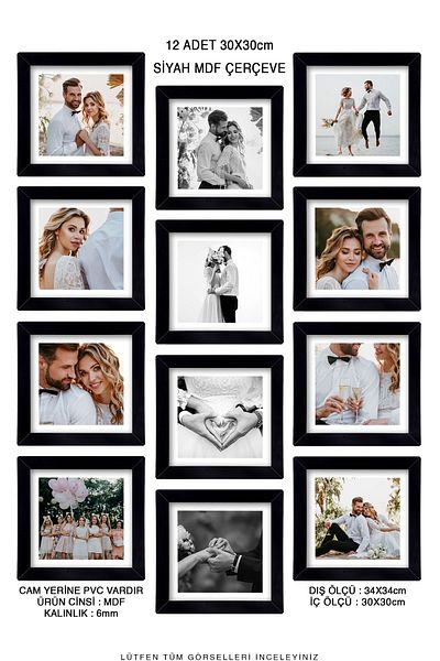 Bytwo 12 Pieces 30x30 Frame - Square Frame - MDF Black Frame - Multiple Photo Frame Set