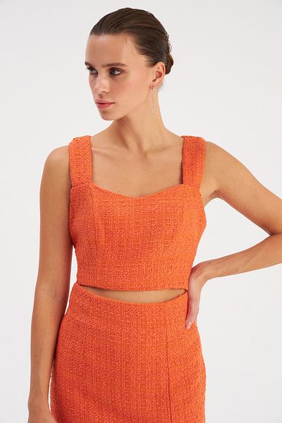Sateen Strappy Tweed Crop Blouse - Orange