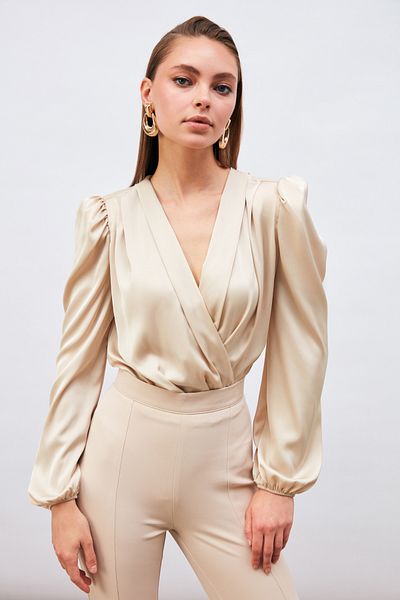 Sateen Double Breasted Satin Bodysuit Blouse - Stone