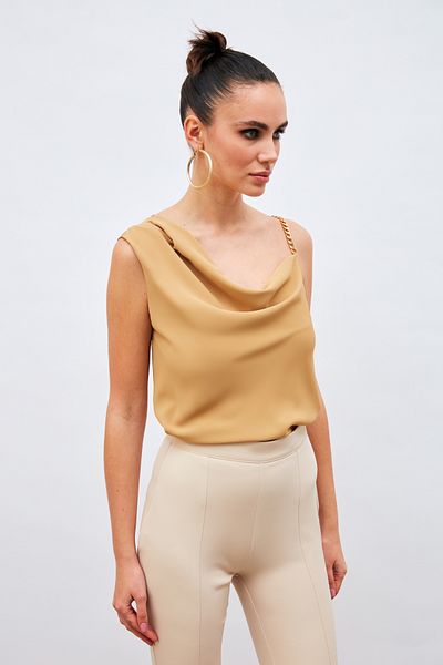 Sateen Blouse with Chain Strap Detail - Camel