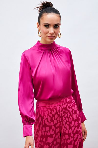 Sateen Fuchsia Satin Blouse - Collar Detailed