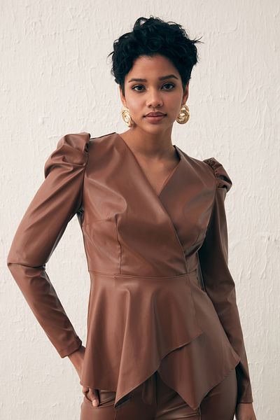 Sateen Double Breasted Leather Blouse - Brown