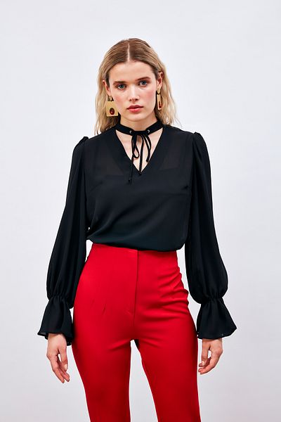 Sateen Casual Blouse with Collar Tie Detail - BLACK