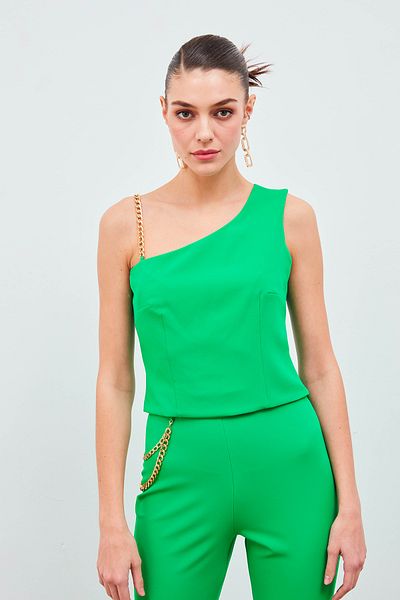 Sateen Chain Strap Detailed Crop Blouse - Green