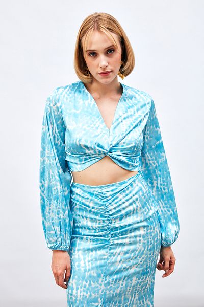 Sateen Knot Detailed Patterned Blouse - TURQUOISE
