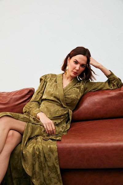 Sateen Double Breasted Patterned Long Dress - Khaki