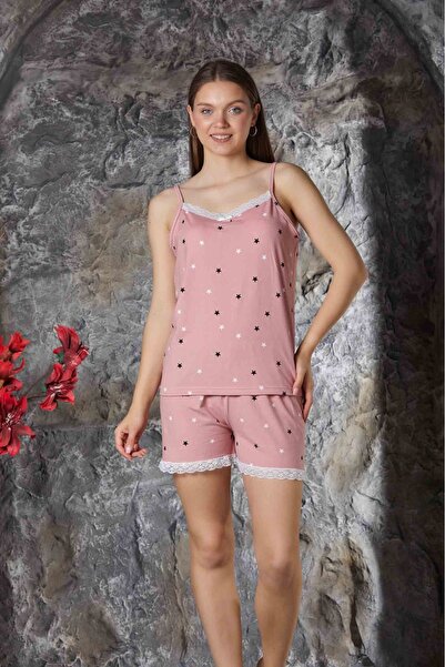 CHARME طقم بيجامة نسائي من ميلانو مزين بالدانتيل الوردي مع شورت