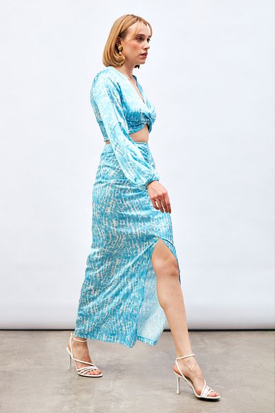 Sateen Patterned Midi Skirt with Slit Detail - Turquoise