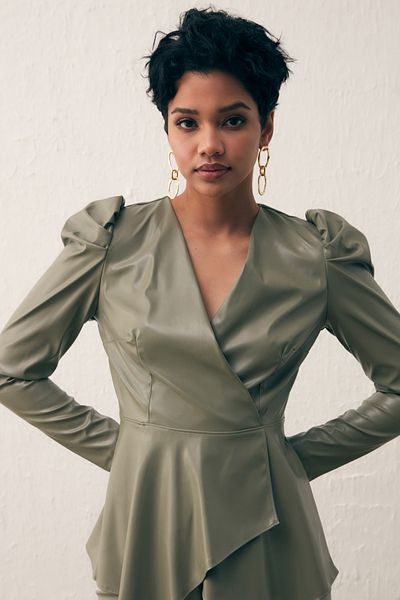 Sateen Green Leather Double Breasted Blouse