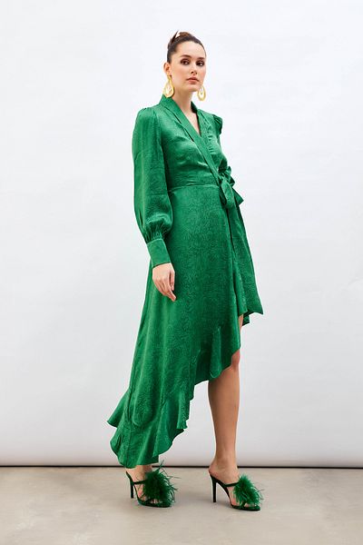 Sateen Jacquard Asymmetrical Dress - Green
