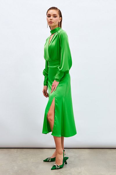 Sateen Slit Satin Skirt - Green