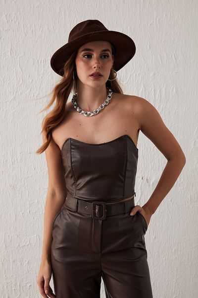 Sateen Leather Strapless Blouse - Dark Brown