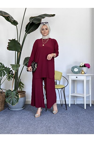 ASEL FASHİON Pileli Sandy Ikili Takım Bordo