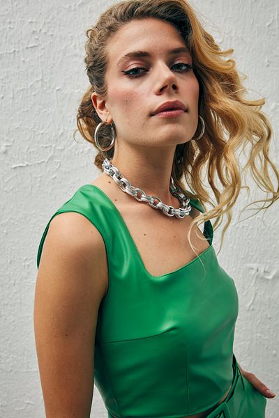 Sateen Square Collar Leather Crop Blouse - Green