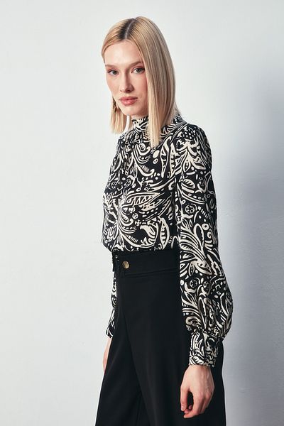Sateen Stand Collar Patterned Blouse - BLACK-BEIGE
