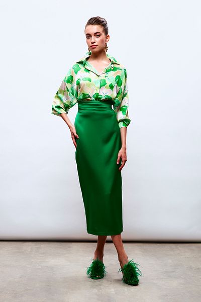 Sateen Fusta Satin cu Curea si Detaliu Pliuri - ZEMRUT