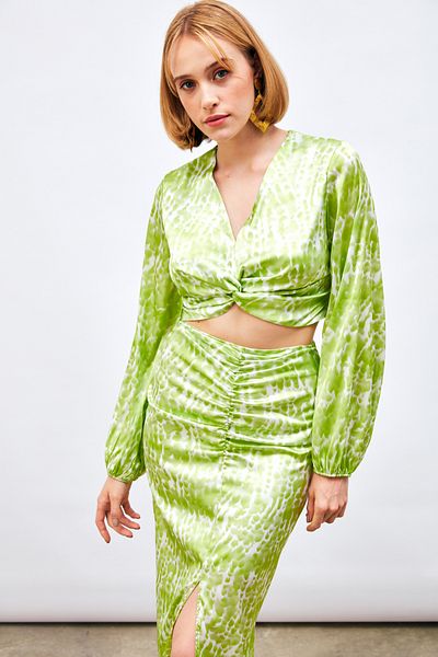 Sateen Knot Detailed Patterned Blouse - Oil Green