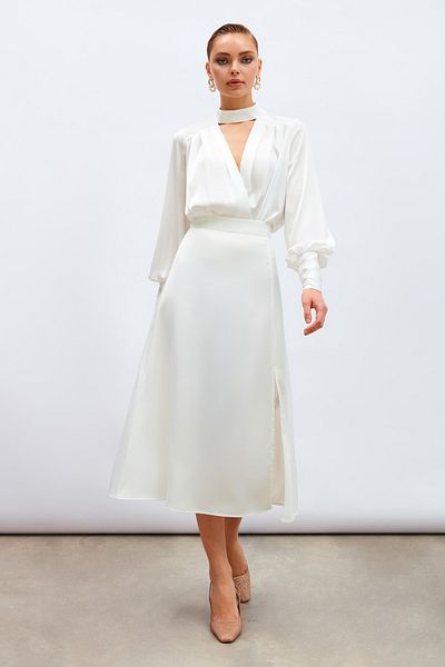 Sateen Slit Satin Skirt - Ecru