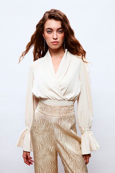 Sateen BEIGE Colored Sleeve Accessory Detailed Blouse