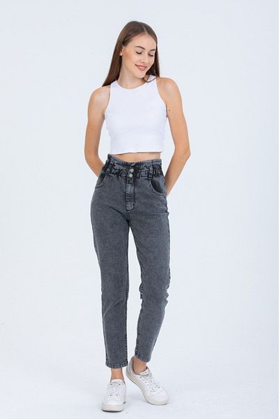 SHEVEGA Anthracite Plus Size Lycra με ελαστικό κουμπί μέσης Λεπτομερές Mom Jean Jeans
