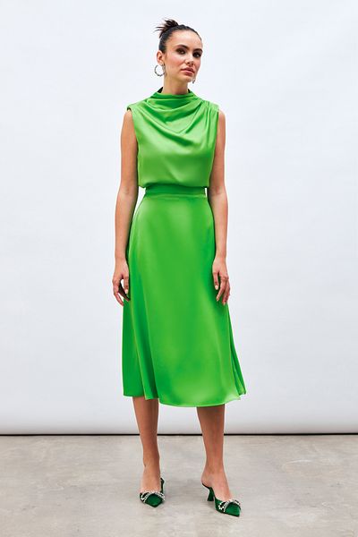 Sateen Light Green Midi Satin Skirt