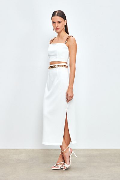 Sateen Pencil Skirt with Chain Belt - Ecru