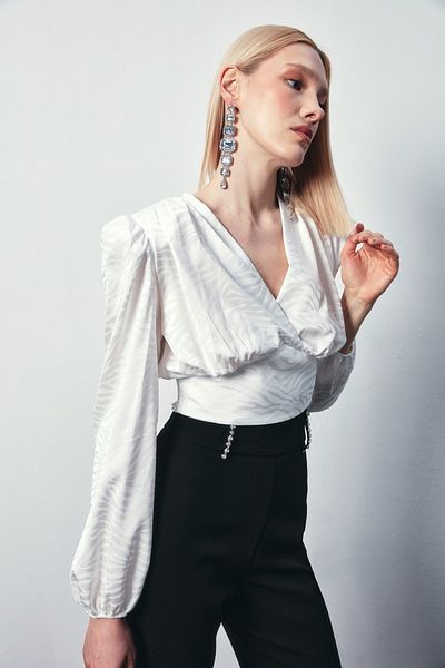 Sateen ECRU Patterned Satin Double Breasted Blouse