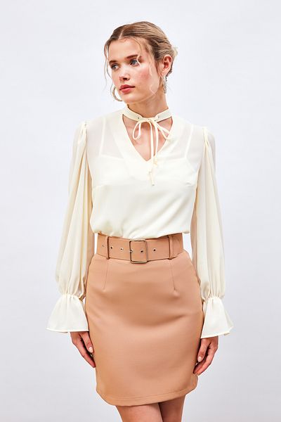 Sateen Casual Blouse with Collar Tie Detail - Cream