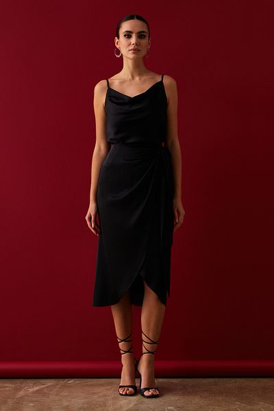 Sateen Black Double Breasted Skirt - Lacing Detail