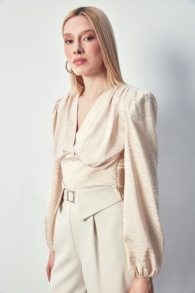 Sateen Patterned Double Breasted Satin Blouse - BEIGE
