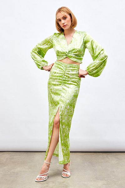 Sateen Patterned Long Skirt with Slit Detail - Oil Green