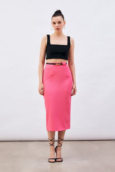 Sateen Belted Midi Length Pencil Skirt - Fuchsia