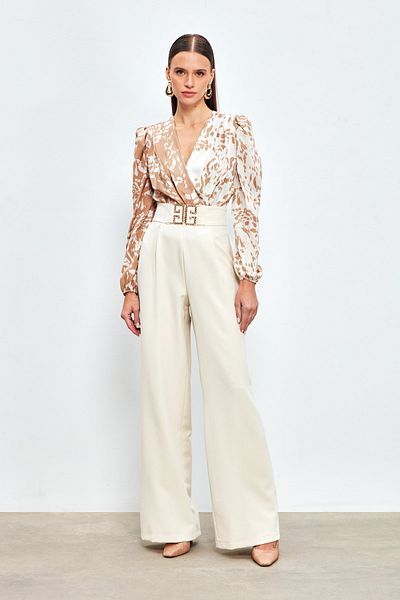 Sateen Wide Leg Trousers with Waist Accessories - STONE