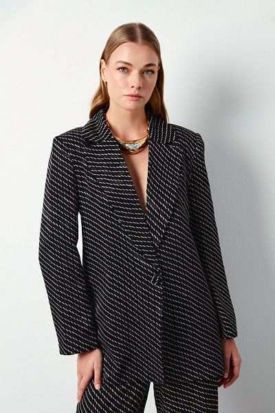 Sateen Stripe Patterned Jacket - Black