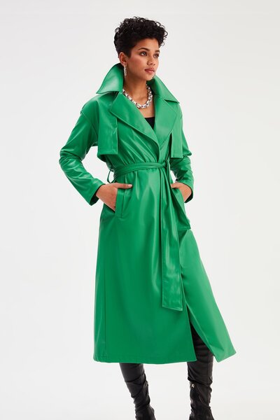 Sateen Довгий шкіряний тренч із поясом, зелений