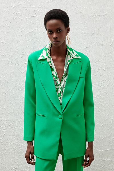 Sateen Single Button Loose Jacket - Green