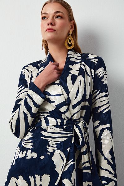 Sateen Jachetă din satin cu model floral cu curea - ALBASTRU ÎNCHIS