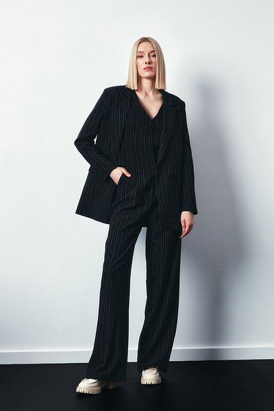 Sateen Wide Leg Striped Trousers - BLACK
