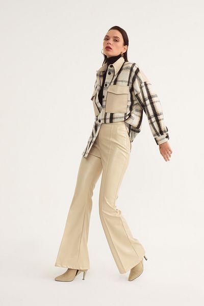 Sateen Flared Leg Leather Trousers - Stone