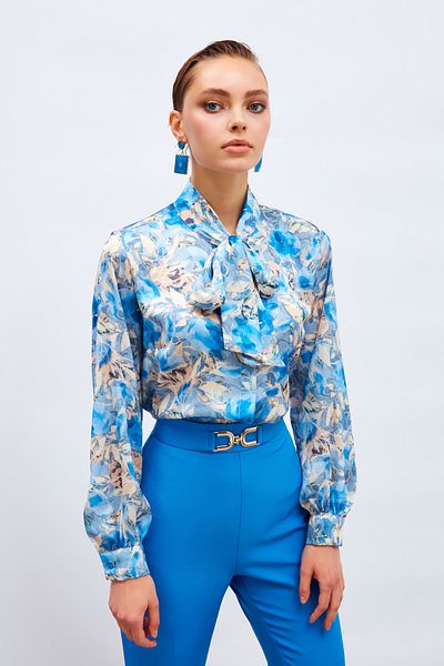 Sateen قميص بياقة وشاح منقوش - أزرق