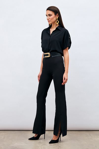Sateen Slit Detailed Spanish Trousers - Black