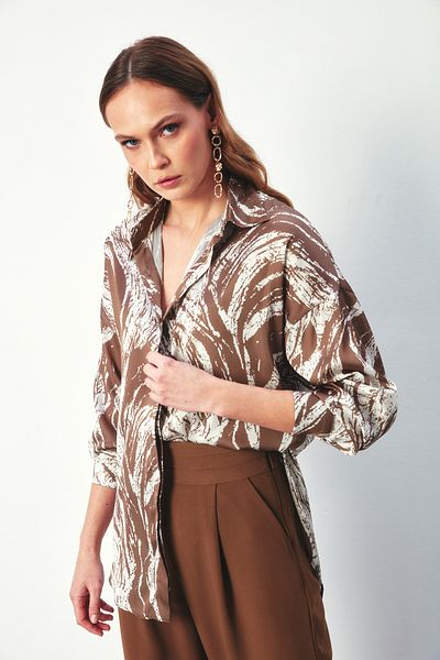 Sateen Long Patterned Shirt - BROWN