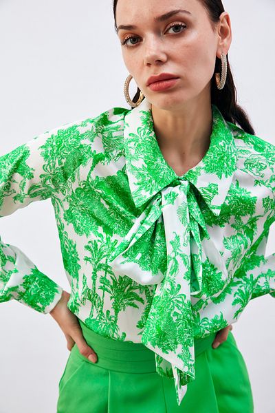 Sateen Scarf Collar Patterned Shirt - Green