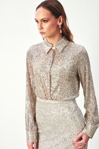 Sateen BEIGE Color Sequined Casual Shirt